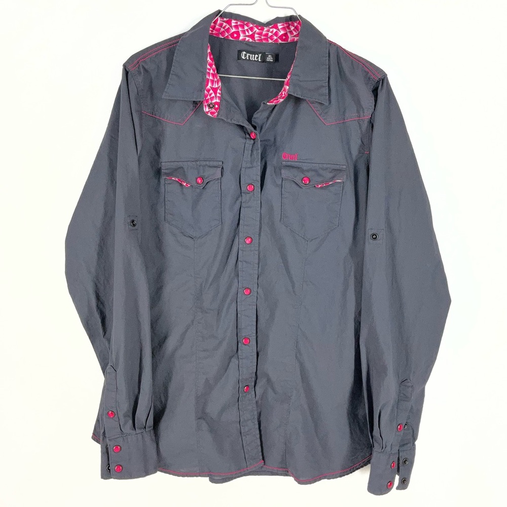 Cruel Women’s Western Gray w/ Pink Snap Button Long Sleeve Shirt | Size XL - Picture 2 of 12